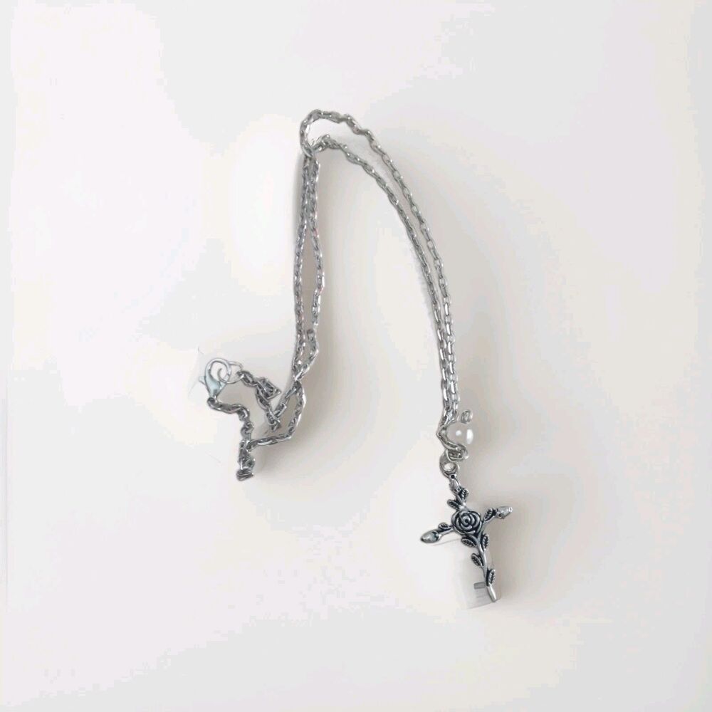Fashion Jewelry Silver Metal Cross With Rose, Glass Pearl 18" Chain Lobster Clsp